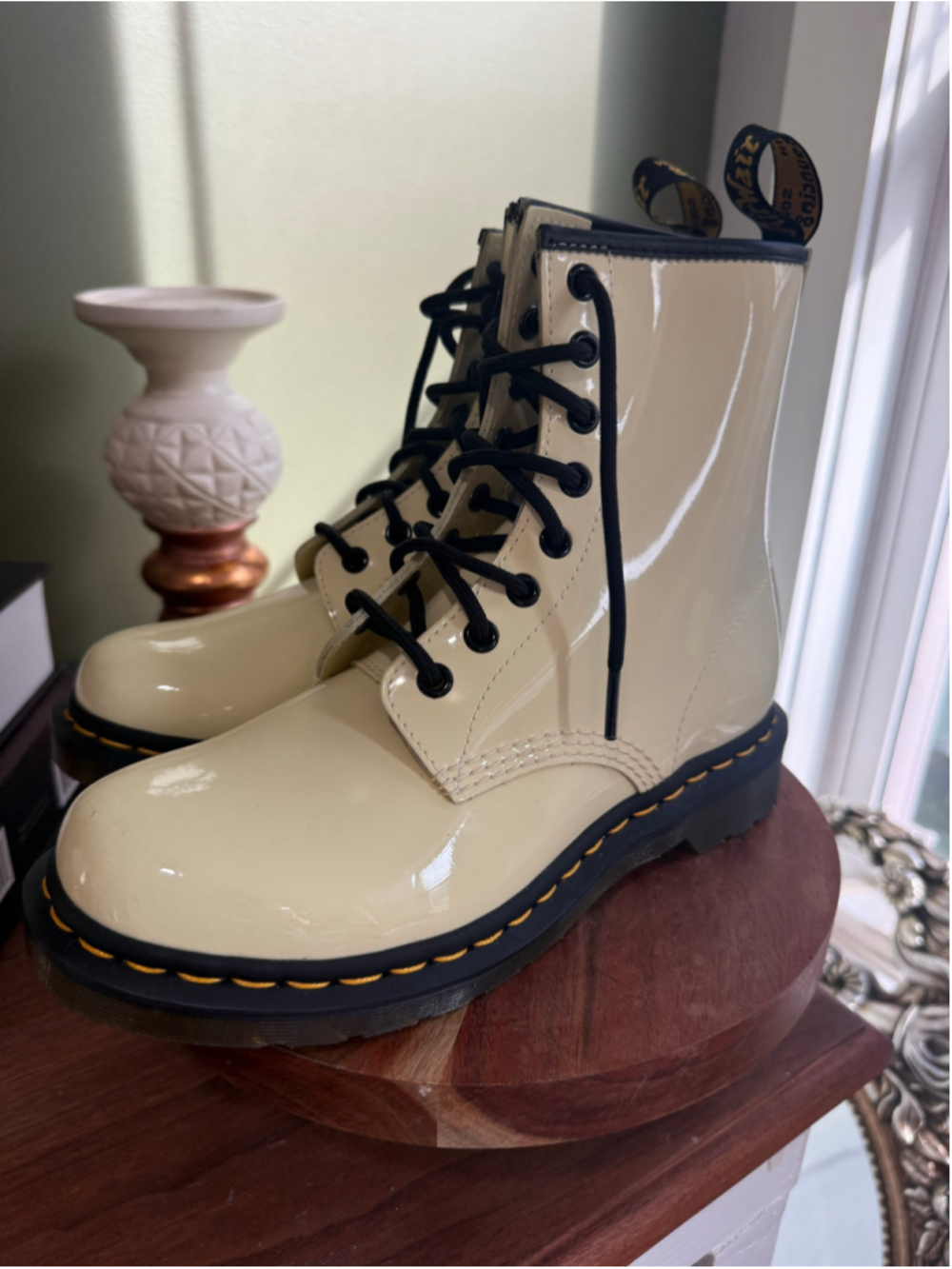 Women's Dr. Martens Patent Lace Up Boots, Beige/Black, Size 7